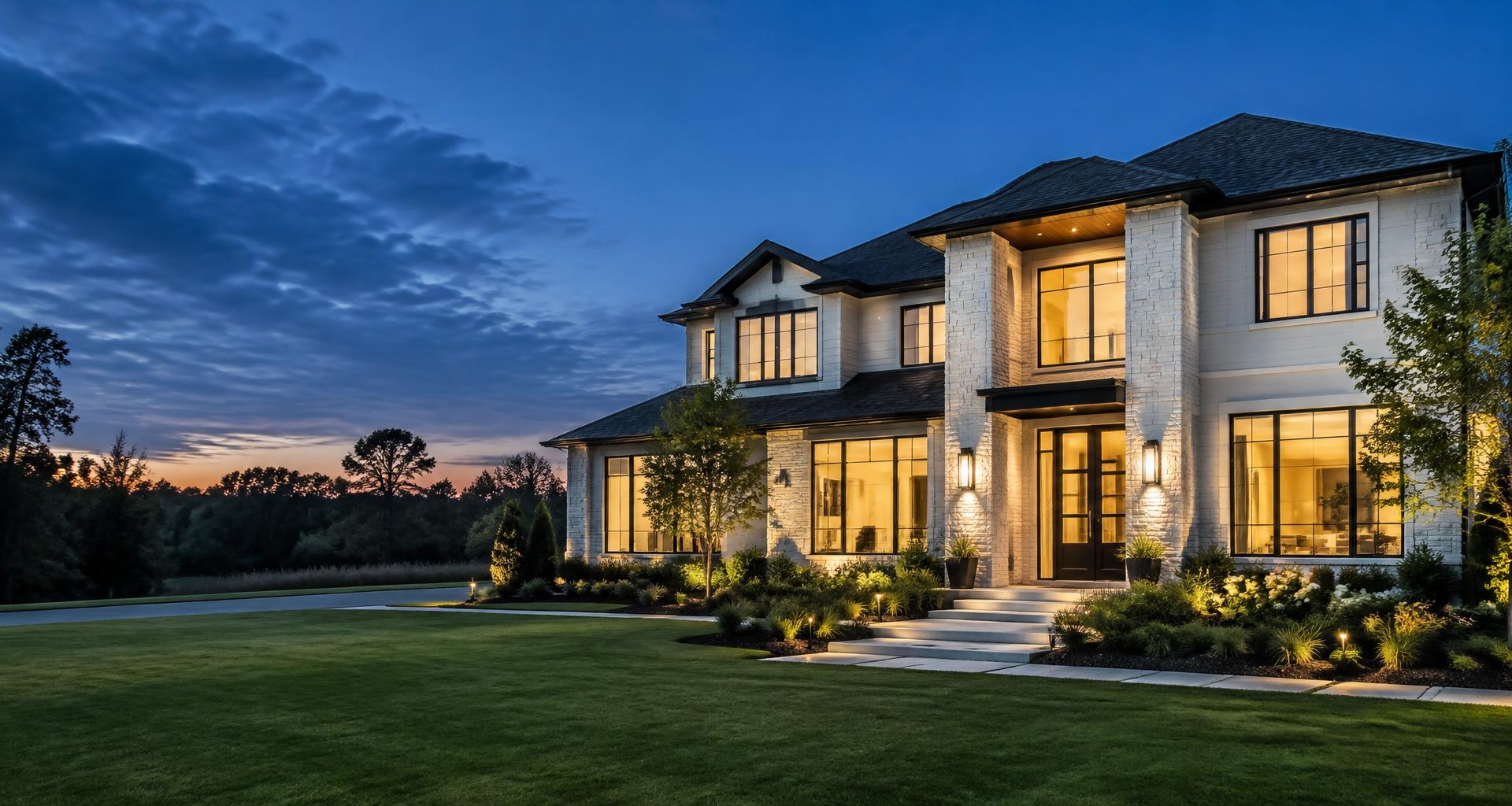 Illustrative contemporary US home at dusk
